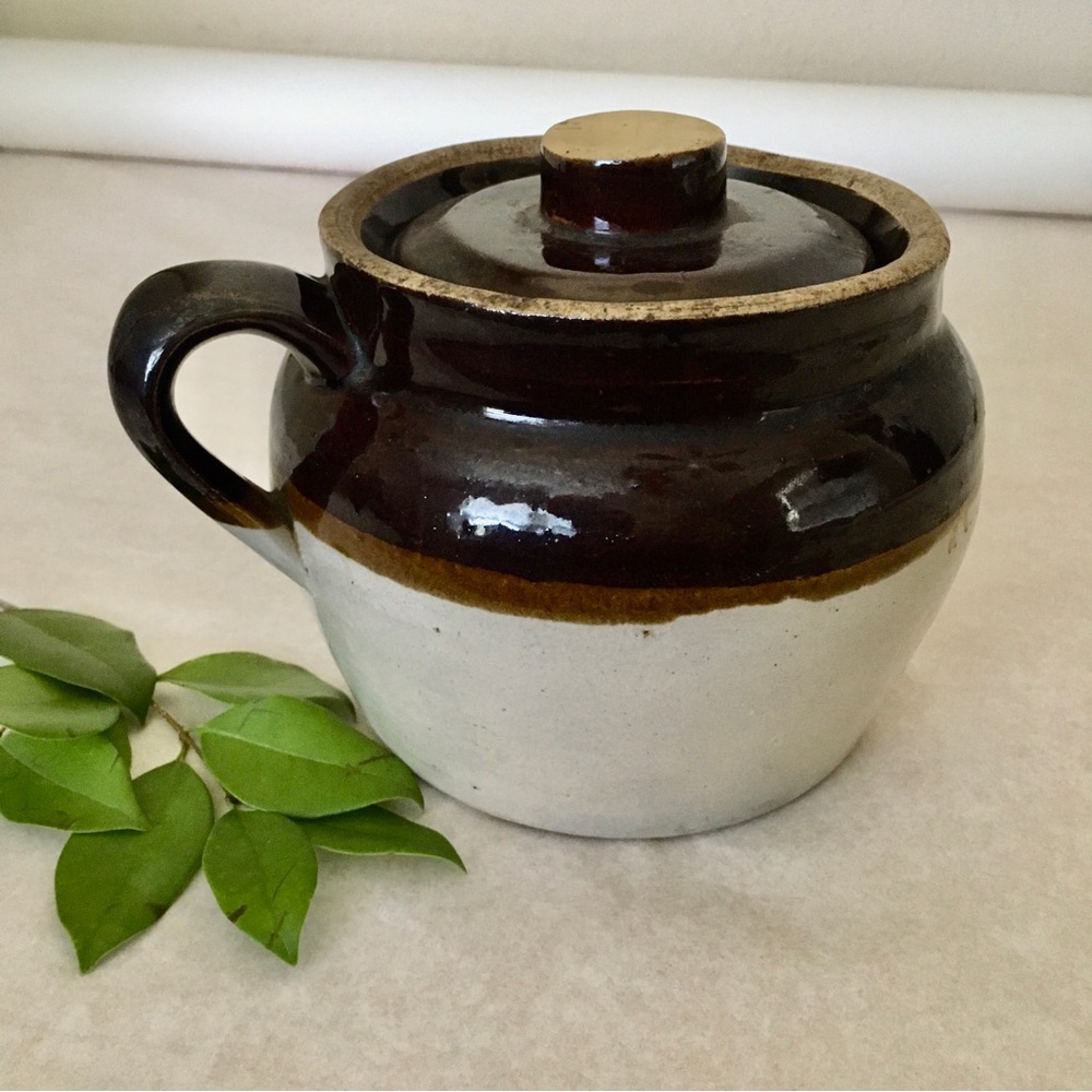 Vintage Glazed Stoneware Lidded Two Tone Bean Crock Pot One Side Handle